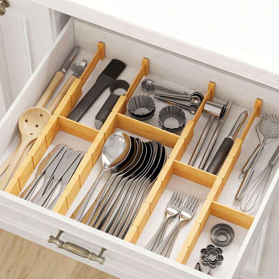 Home Office Kitchen - 삽입물과 라벨이 있는 대나무 서랍 분리대,