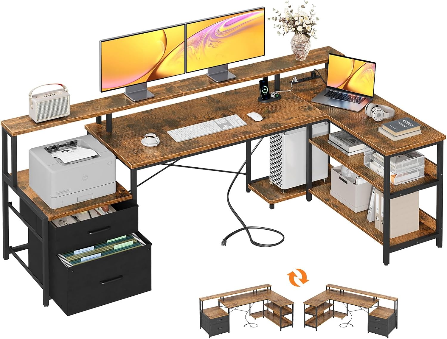 ODK 75인치 L자형 책상(파일 서랍 포함), 전원  - Home Office Work Table 리뷰 및 가격