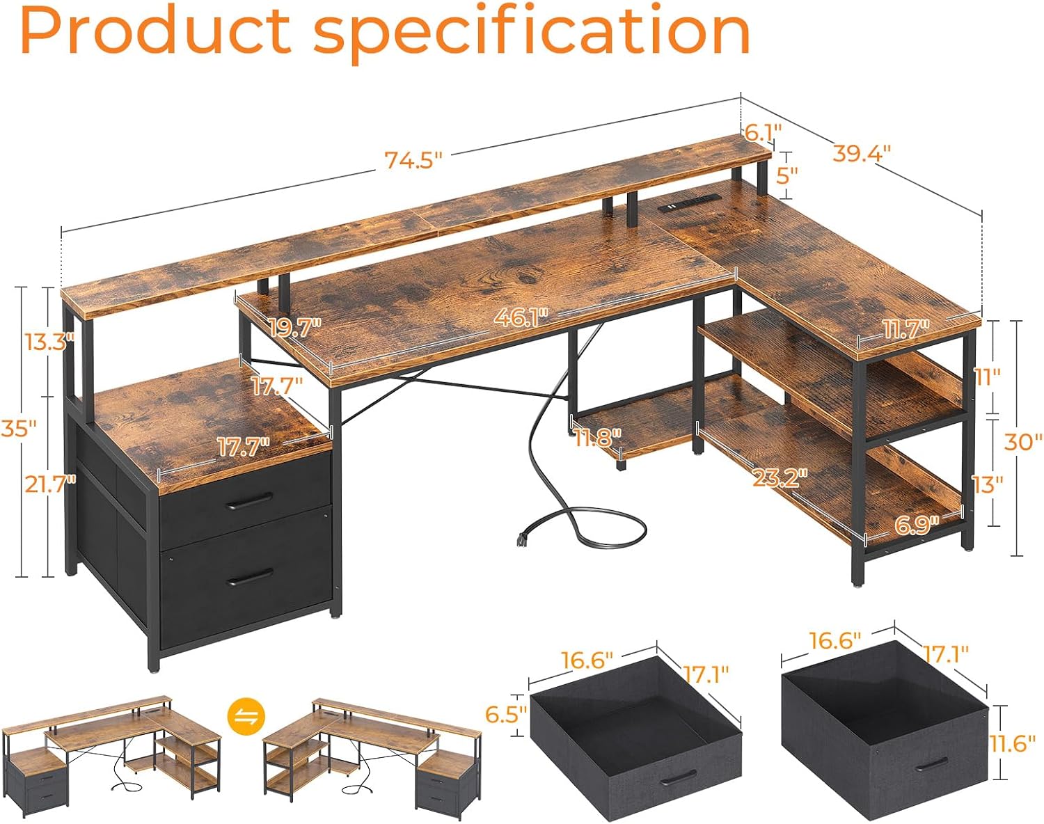 ODK 75인치 L자형 책상(파일 서랍 포함), 전원  - Home Office Work Table 리뷰 및 가격